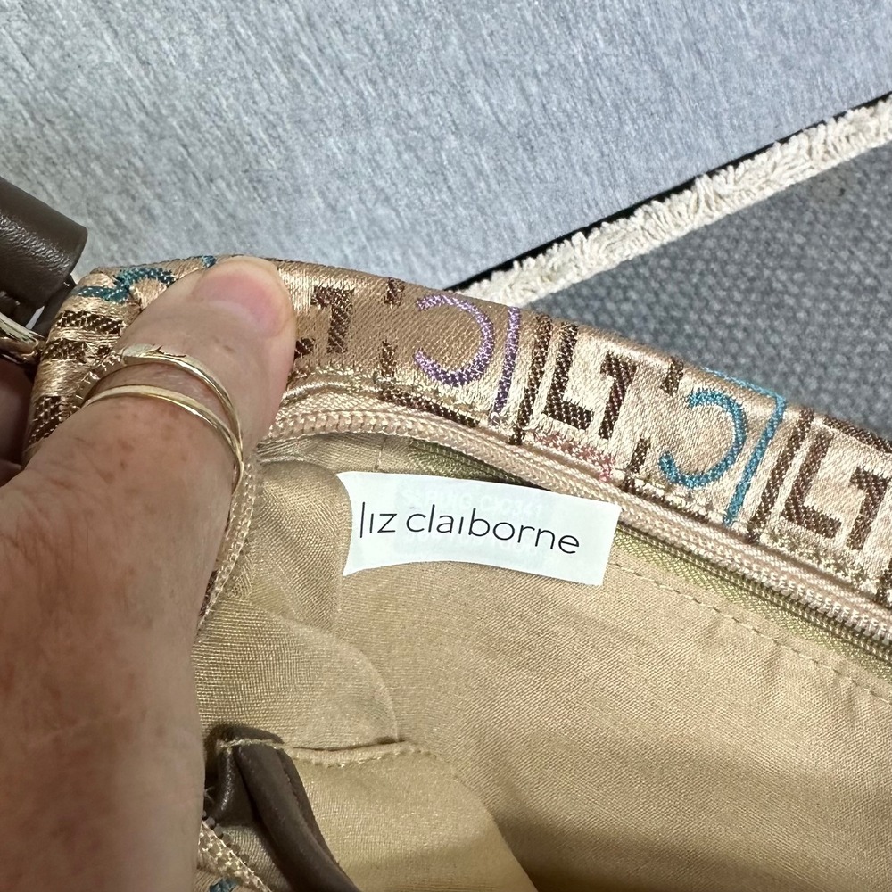 Liz Claiborne Y2K Monogram Jacquard Shoulder Bag Brown Multi Logo Baguette Purse - Picture 3 of 7